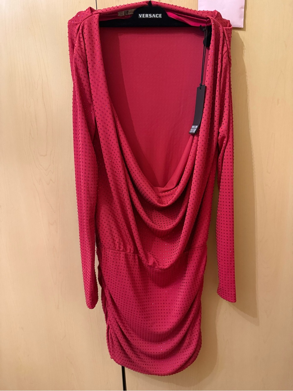 Versace Fuchsia Red Draped Long-Sleeve Cowl Dress